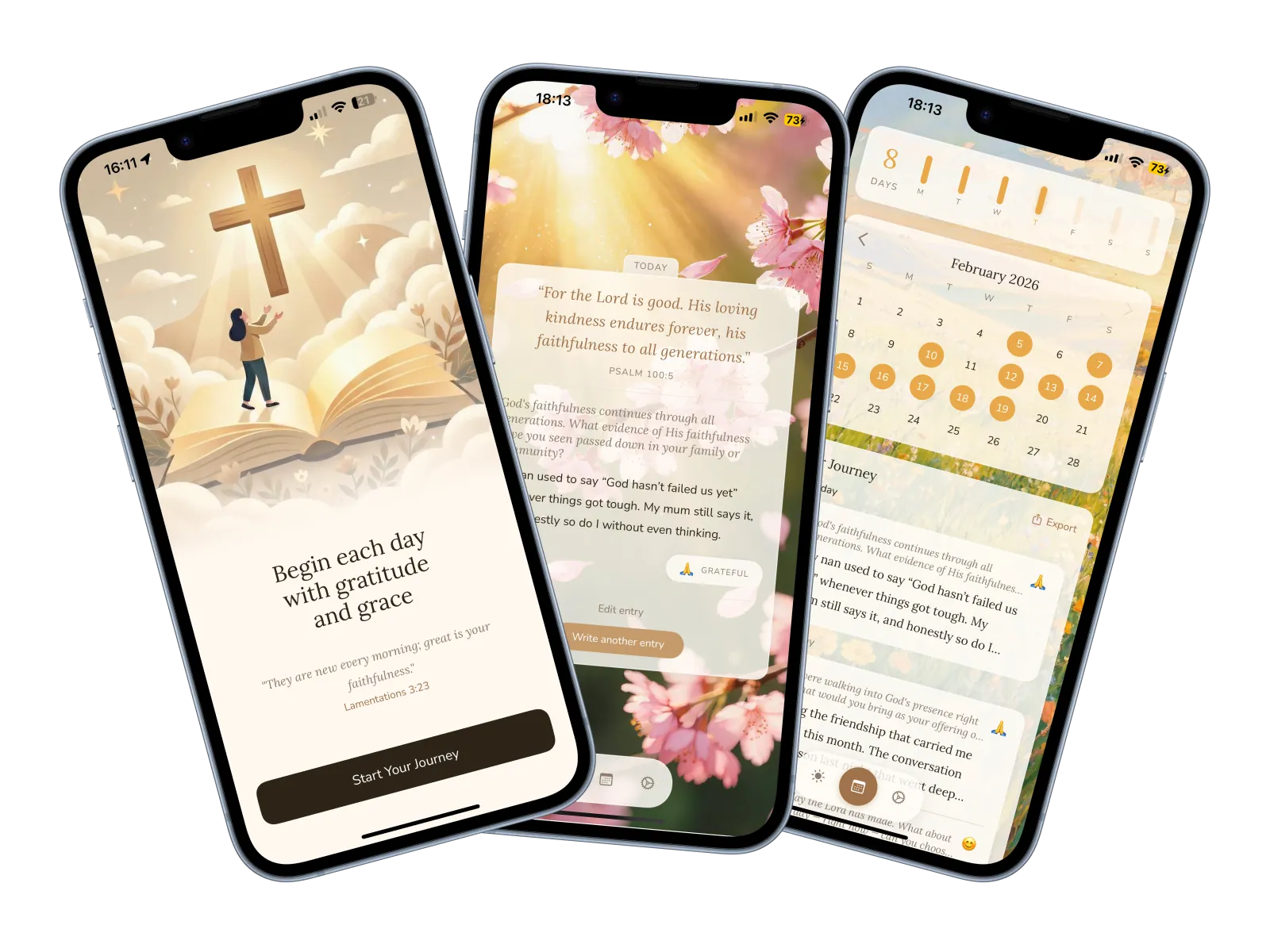 Morning Mercies app screenshots showing the welcome screen, daily devotional journal, and calendar view